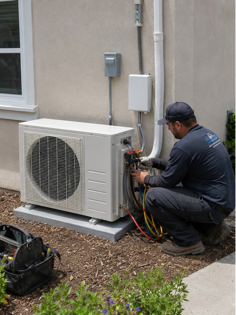 Gauges on a condensing unit beside a house during a service call