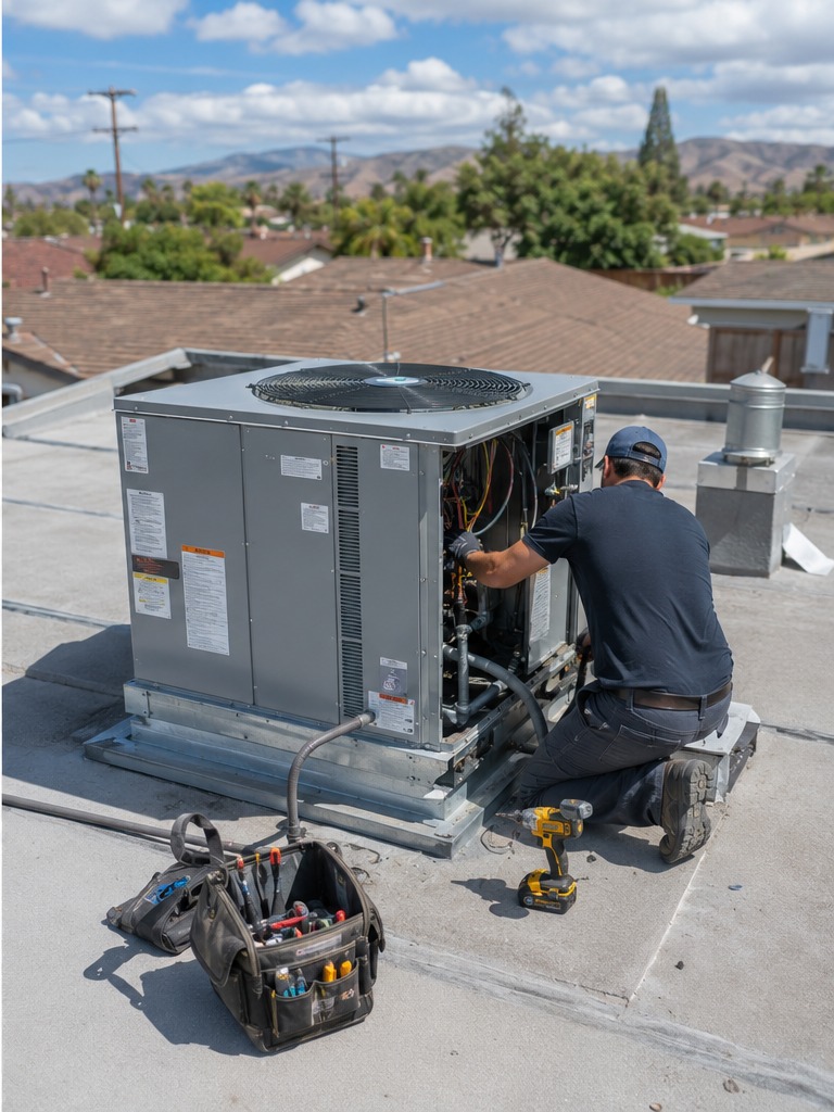 Technician working at the service panel of a rooftop package unit